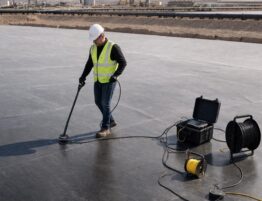 worker in a bright safety vest perfroming a geomembrane survey