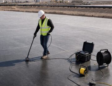 worker in a bright safety vest perfroming a geomembrane survey