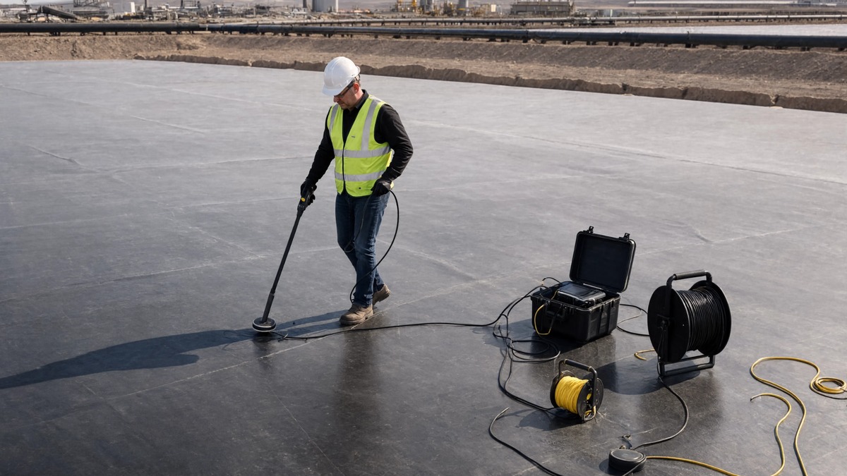 worker in a bright safety vest perfroming a geomembrane survey